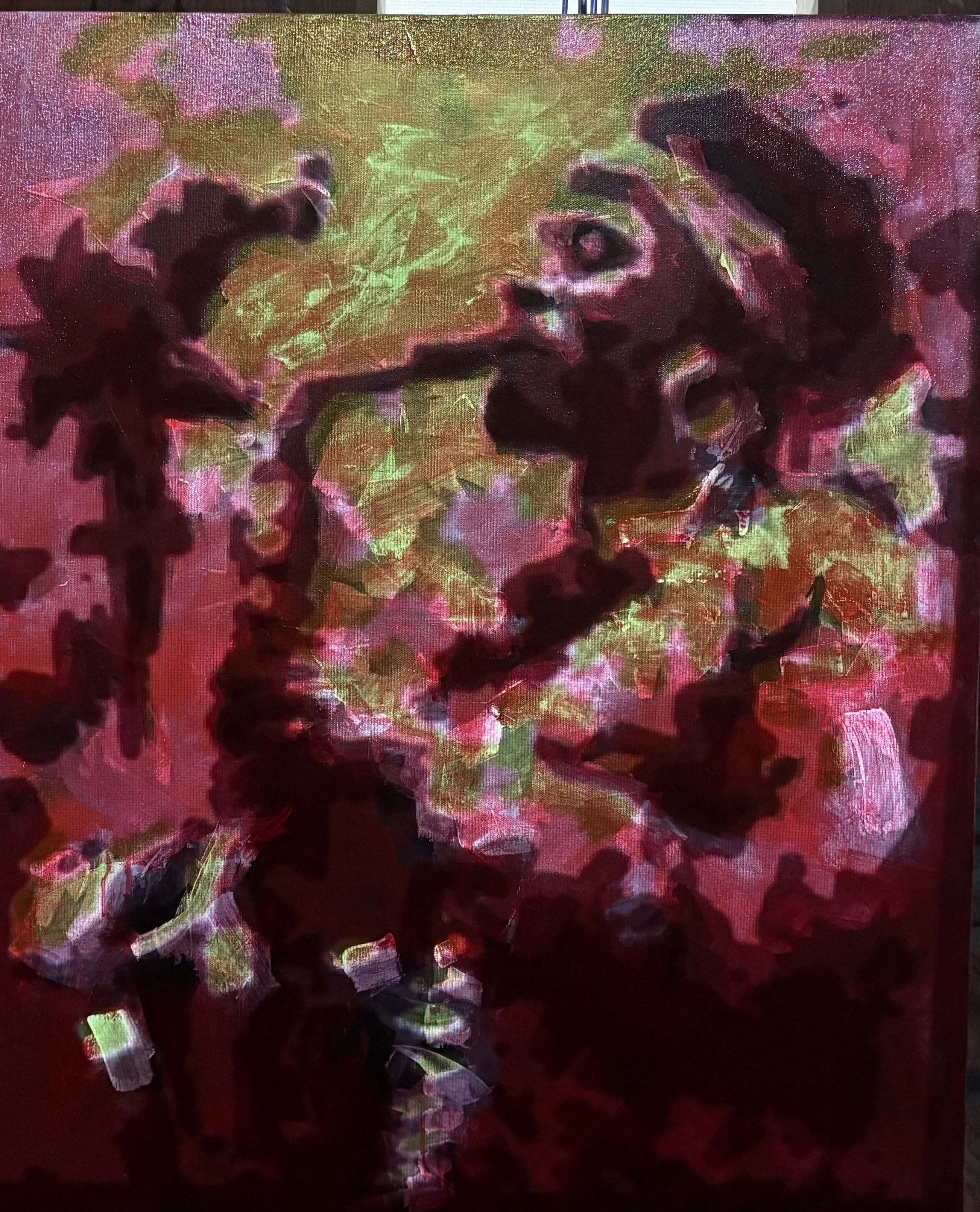 Abstract figure painting in deep reds and greens with layered values