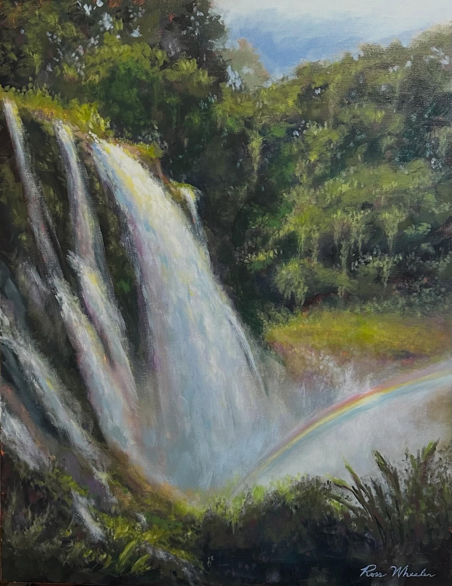 Oil painting of a waterfall with rainbow amid lush green foliage