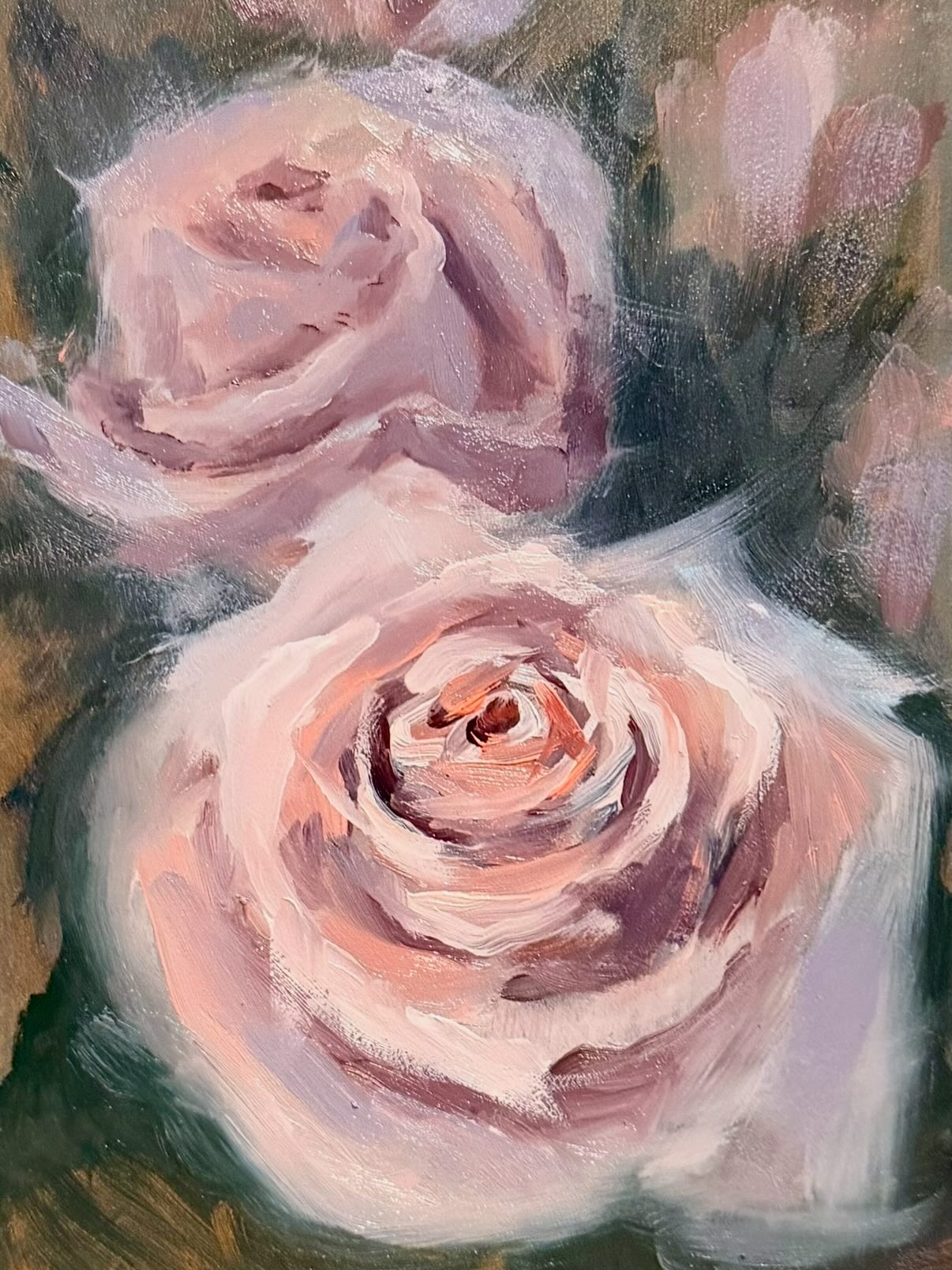 Oil painting of soft pink roses with delicate brushwork